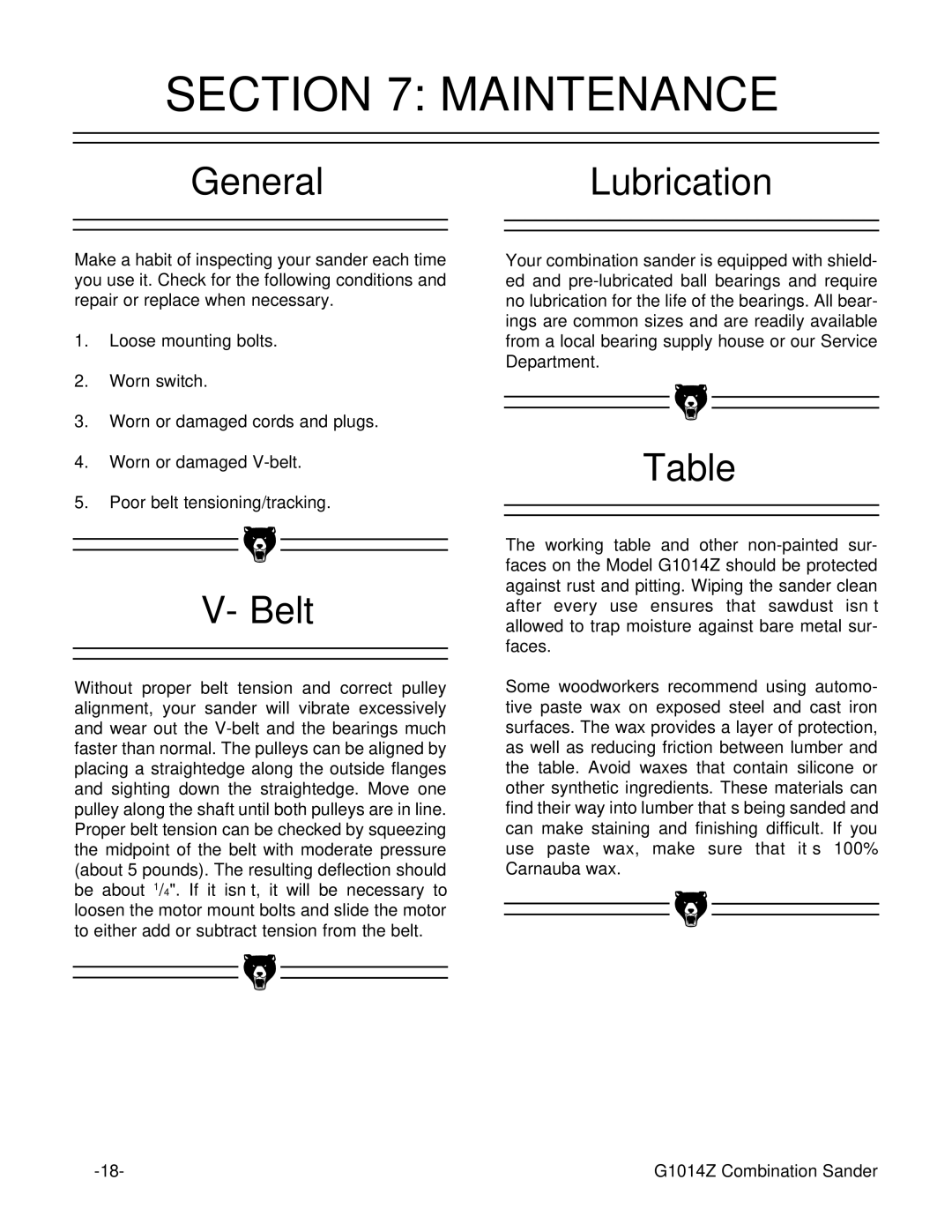 Grizzly G1014ZX owner manual Maintenance, GeneralLubrication, Belt 