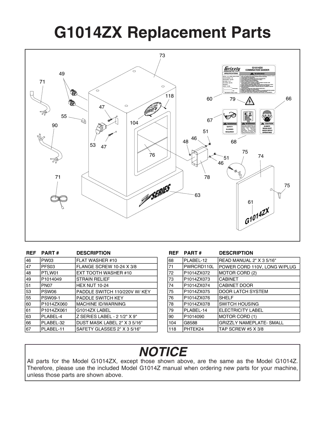 Grizzly owner manual G1014ZX Replacement Parts 