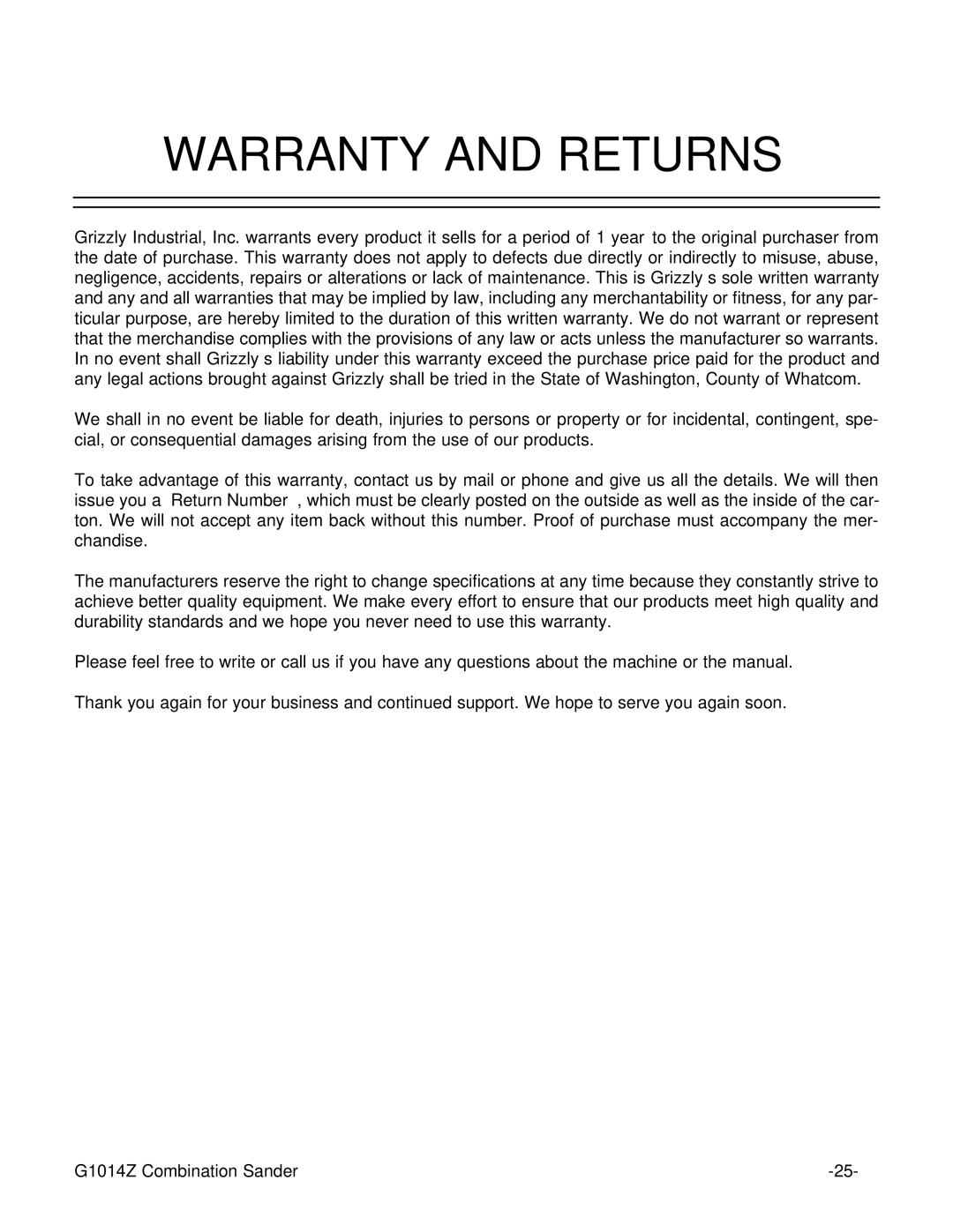 Grizzly G1014ZX owner manual Warranty and Returns 