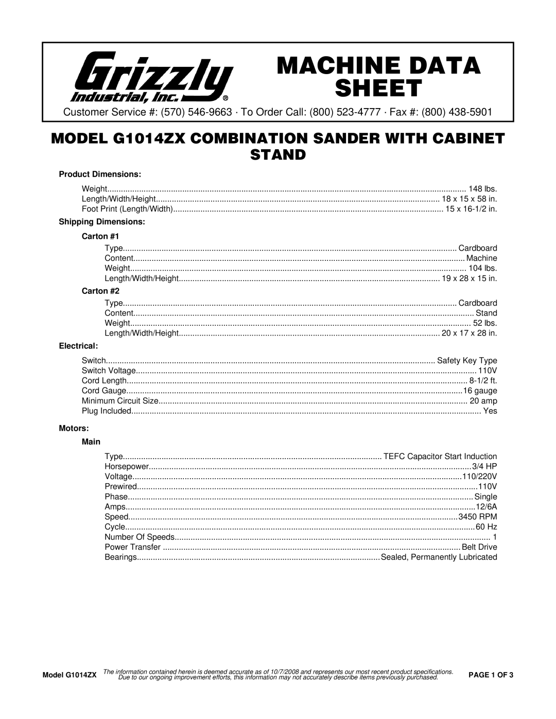 Grizzly G1014ZX specifications Product Dimensions, Shipping Dimensions Carton #1, Carton #2, Electrical, Motors Main 