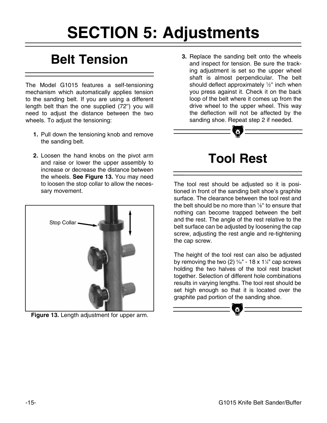 Grizzly G1015 instruction manual Adjustments, Belt Tension 