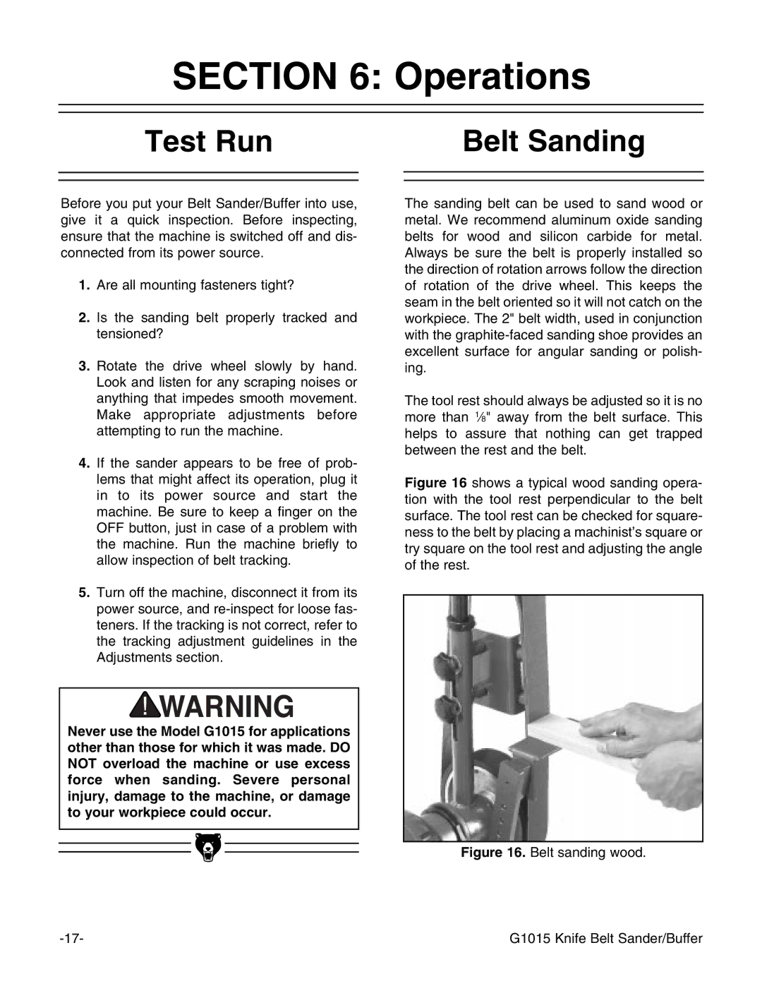 Grizzly G1015 instruction manual Test Run, Belt Sanding 