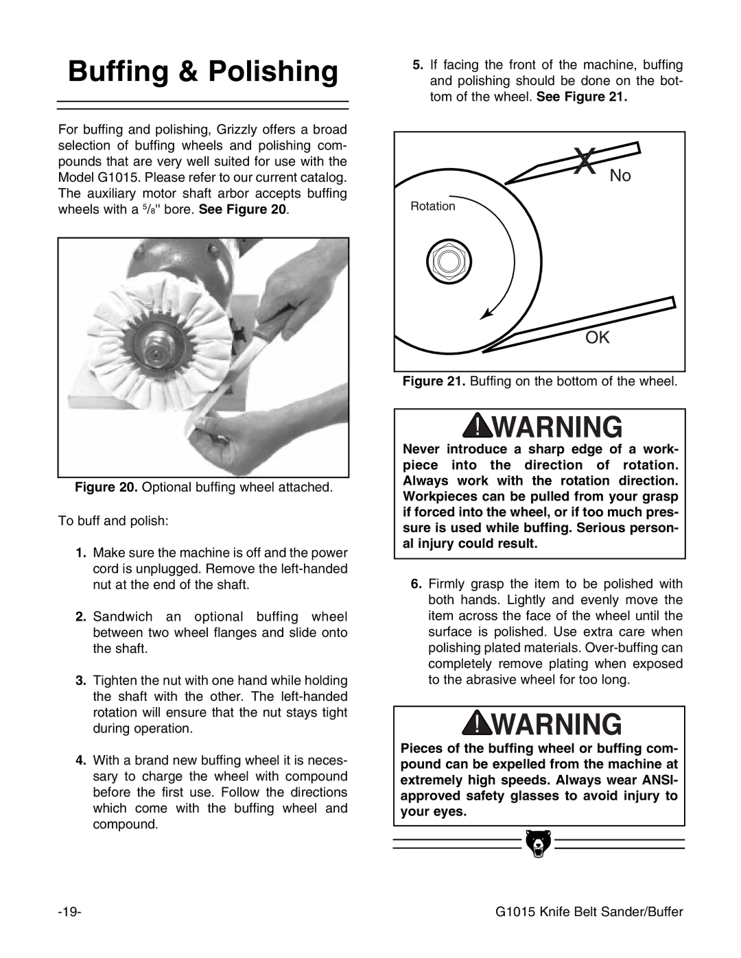 Grizzly G1015 instruction manual Buffing & Polishing, Buffing on the bottom of the wheel 