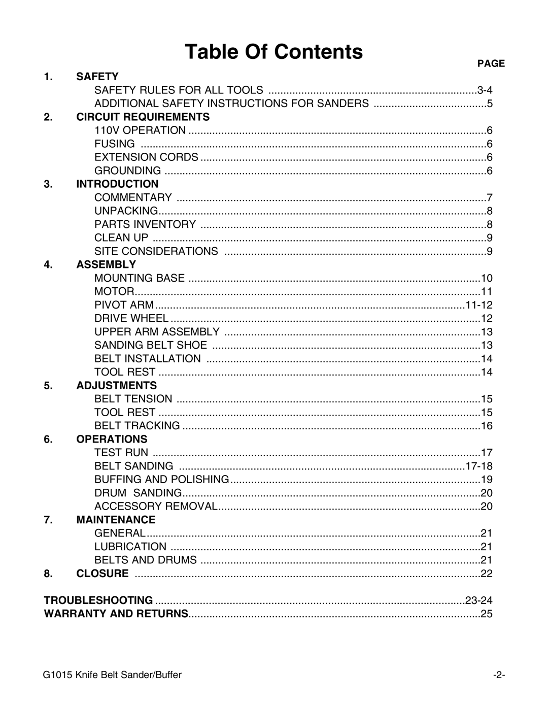 Grizzly G1015 instruction manual Table Of Contents 