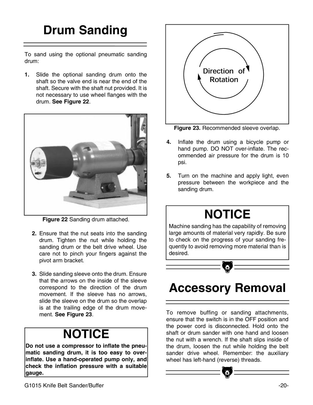 Grizzly G1015 instruction manual Drum Sanding, Accessory Removal 