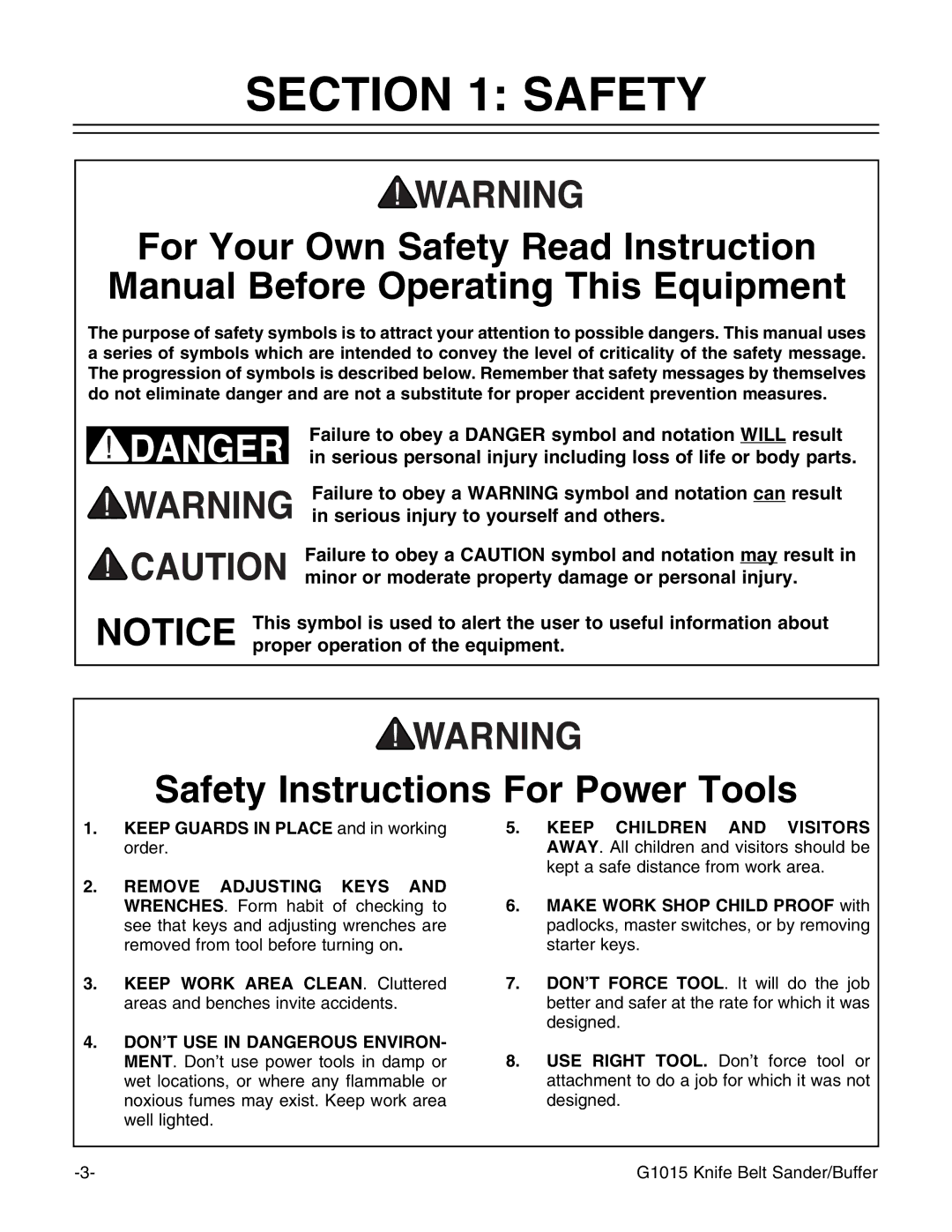 Grizzly G1015 instruction manual Safety Instructions For Power Tools 