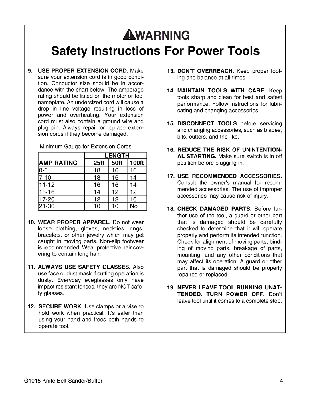 Grizzly G1015 instruction manual Length AMP Rating 