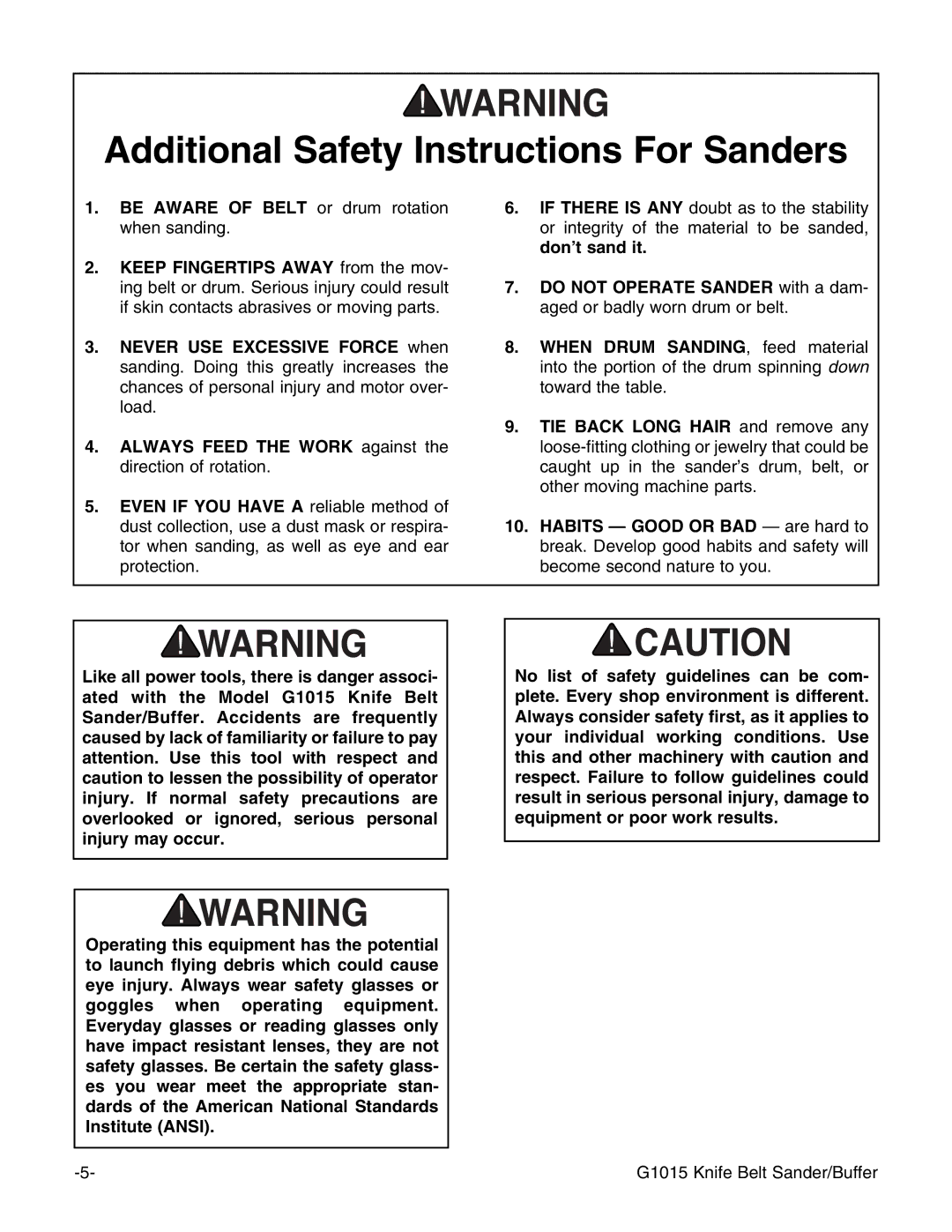 Grizzly G1015 instruction manual Additional Safety Instructions For Sanders 