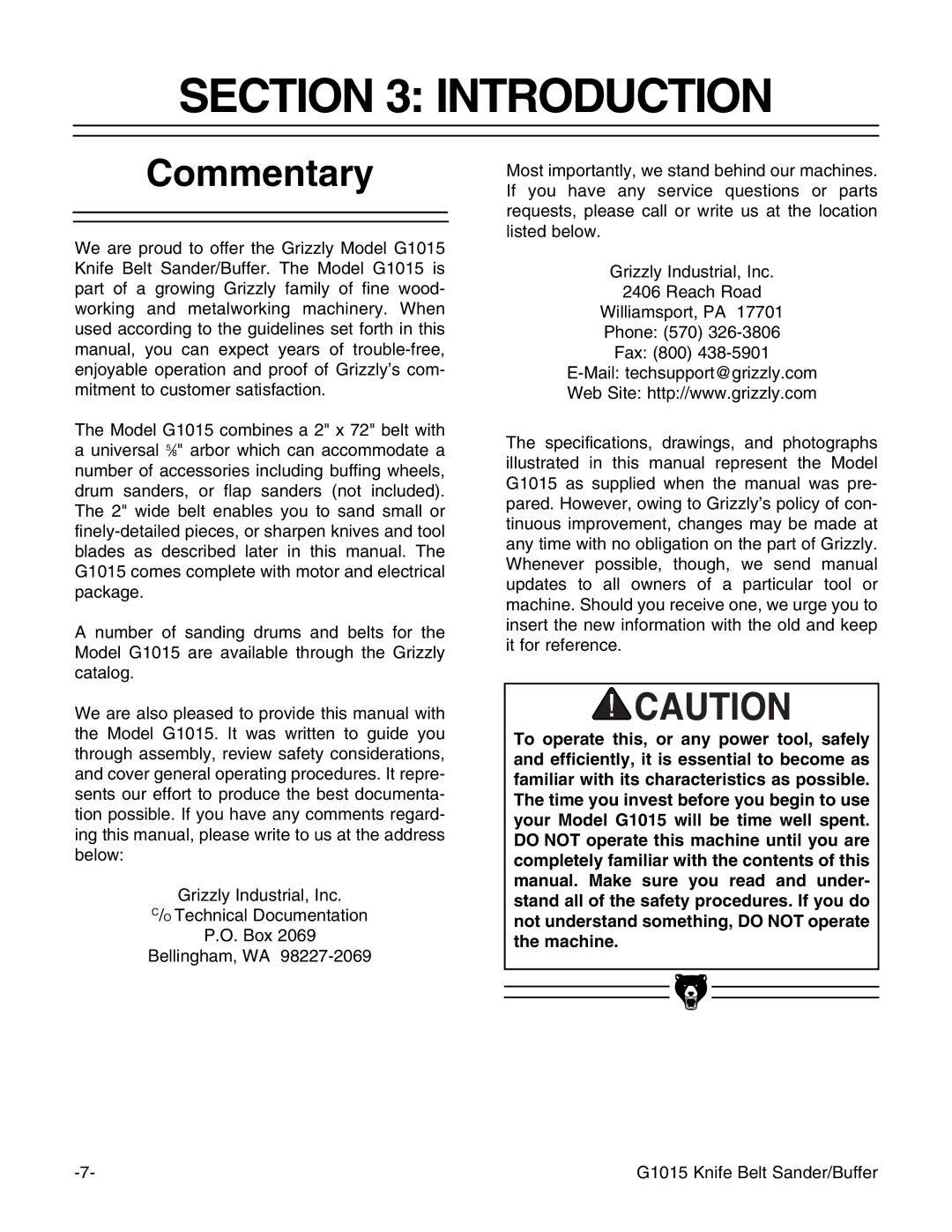 Grizzly G1015 instruction manual Introduction, Commentary 