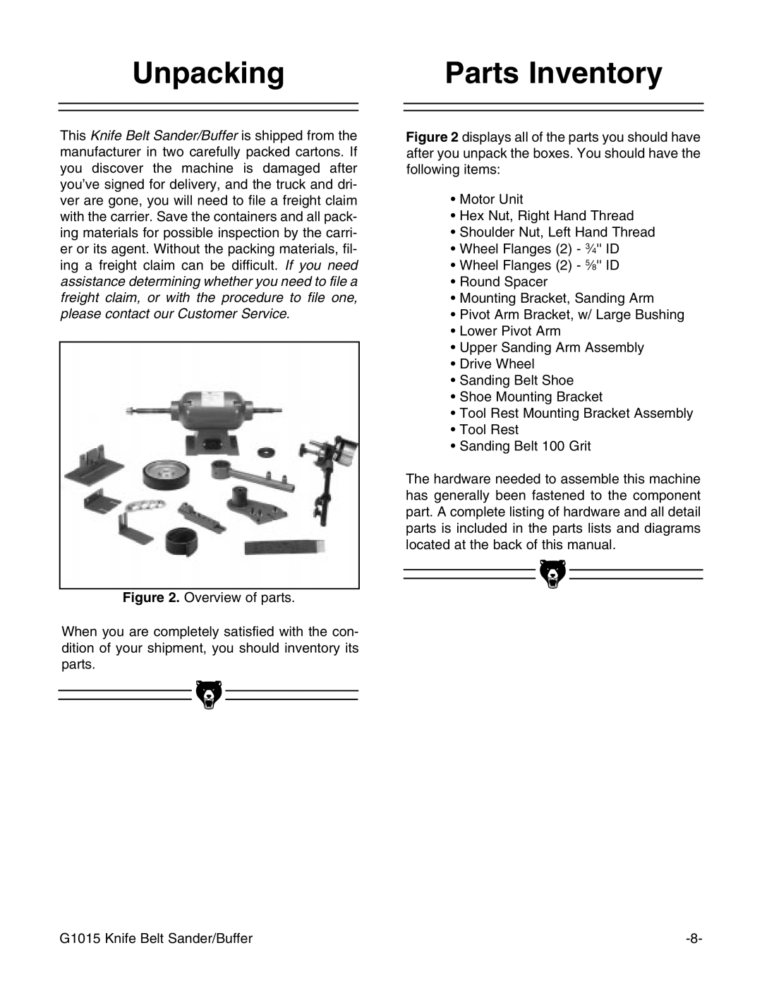 Grizzly G1015 instruction manual Unpacking Parts Inventory 