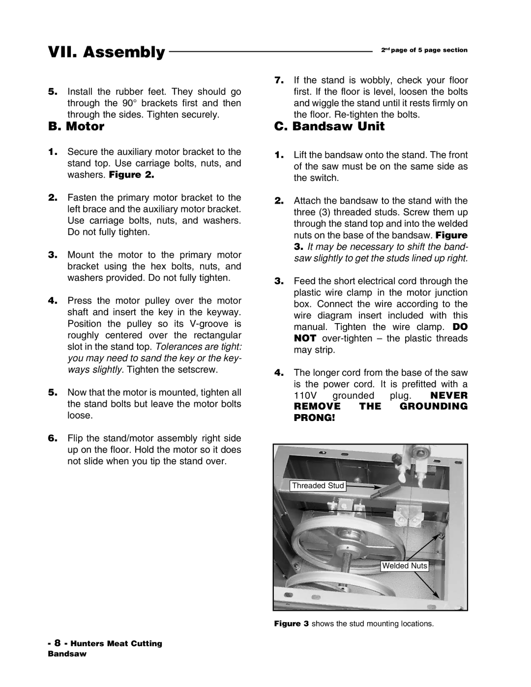 Grizzly G1016 instruction manual Motor, Bandsaw Unit 