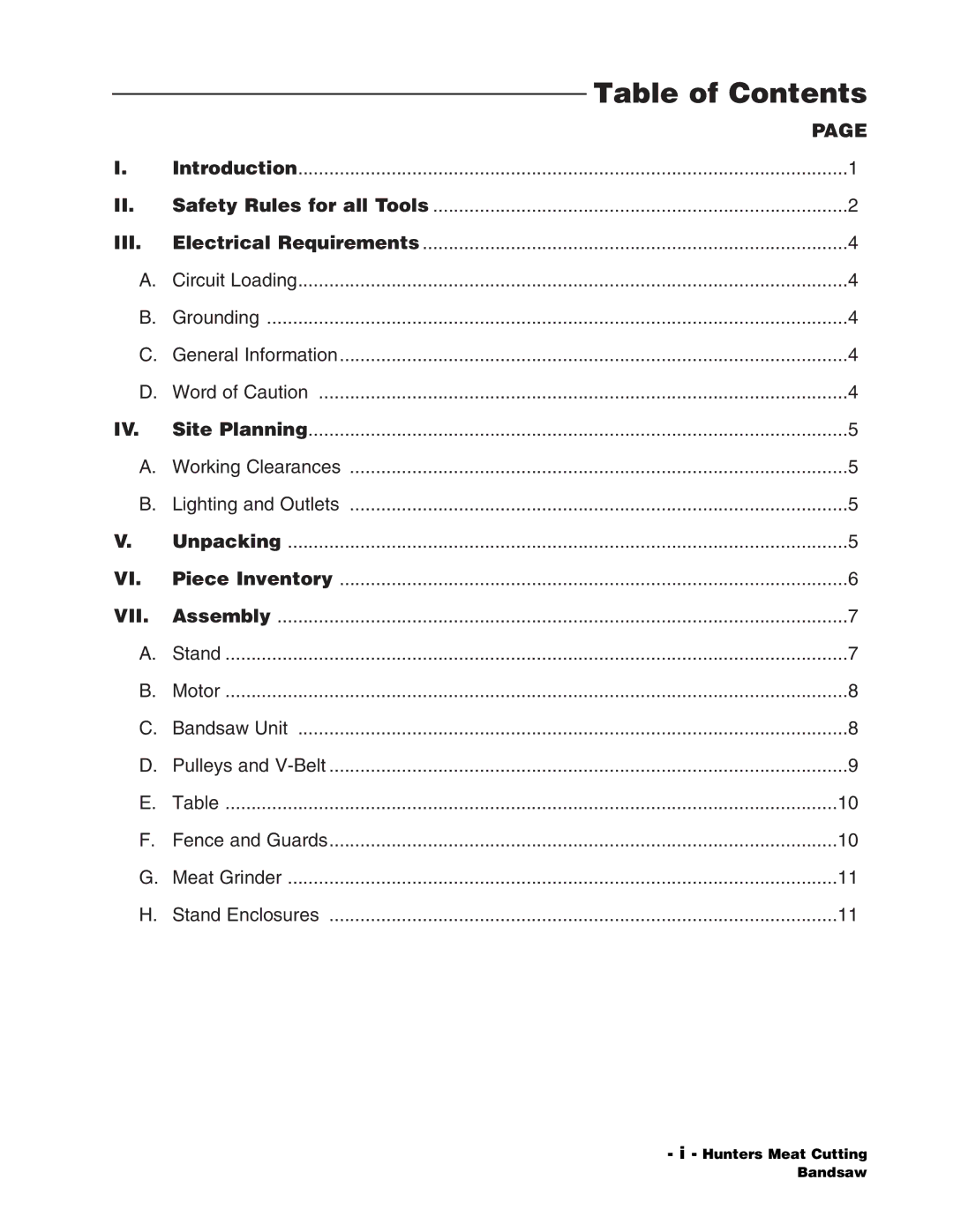 Grizzly G1016 instruction manual Table of Contents 