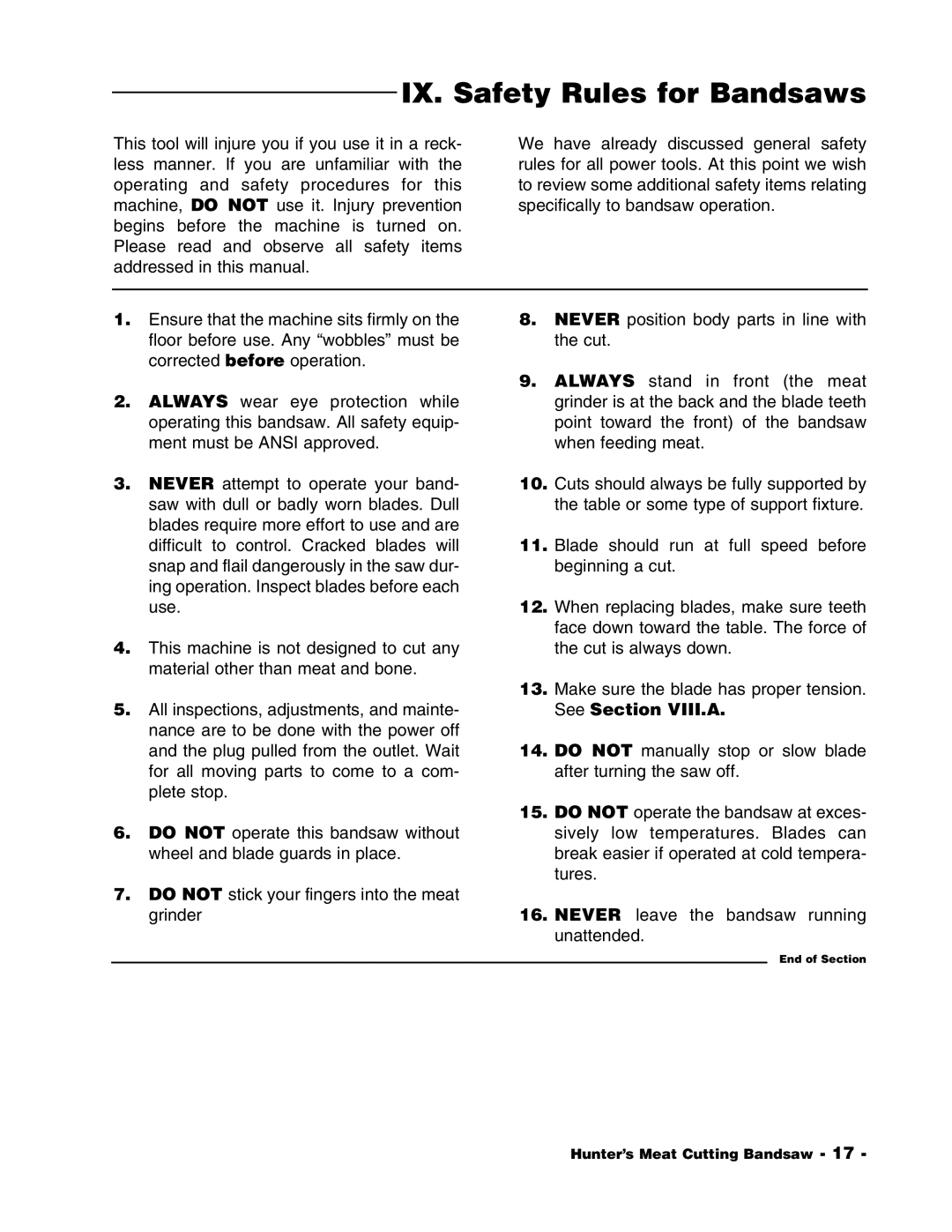 Grizzly G1016 instruction manual IX. Safety Rules for Bandsaws 