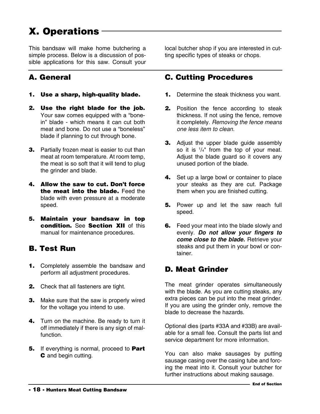 Grizzly G1016 instruction manual Operations, General, Test Run, Cutting Procedures, Use a sharp, high-quality blade 