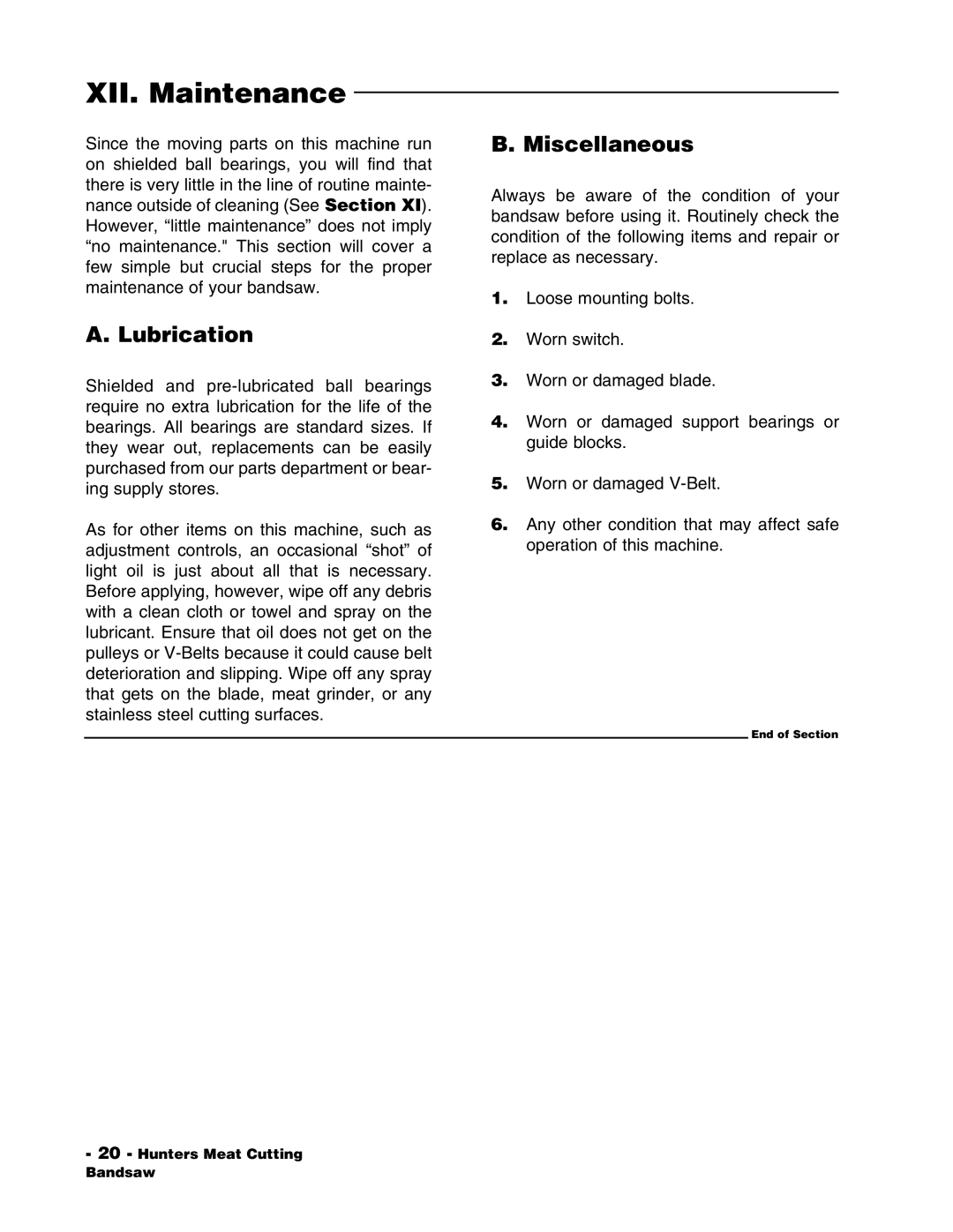 Grizzly G1016 instruction manual XII. Maintenance, Lubrication, Miscellaneous 