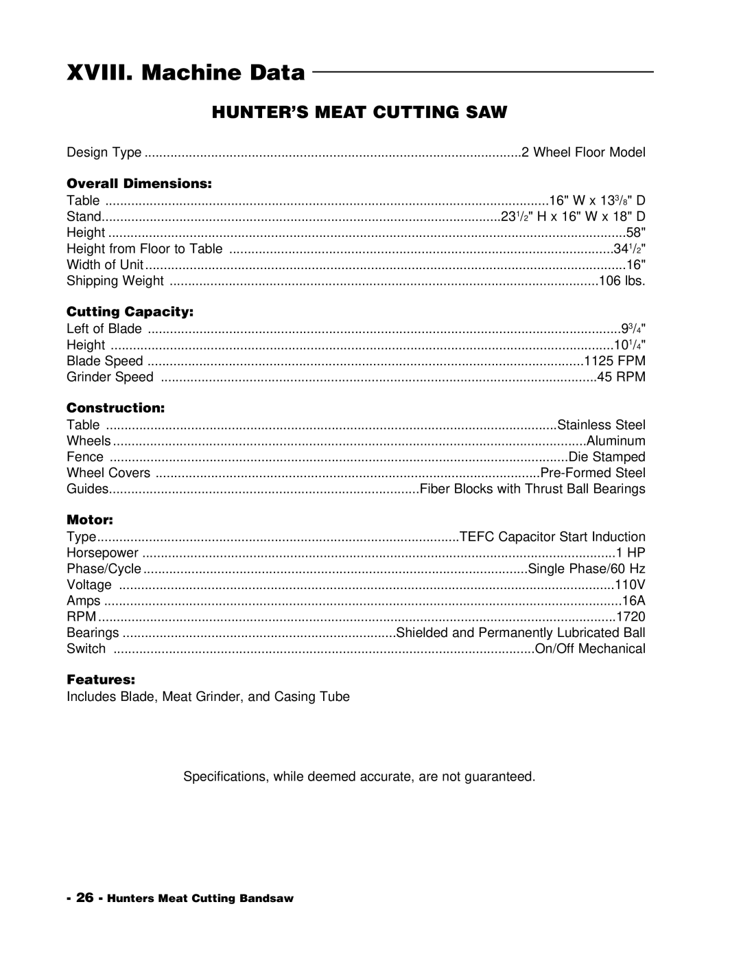 Grizzly G1016 instruction manual XVIII. Machine Data 