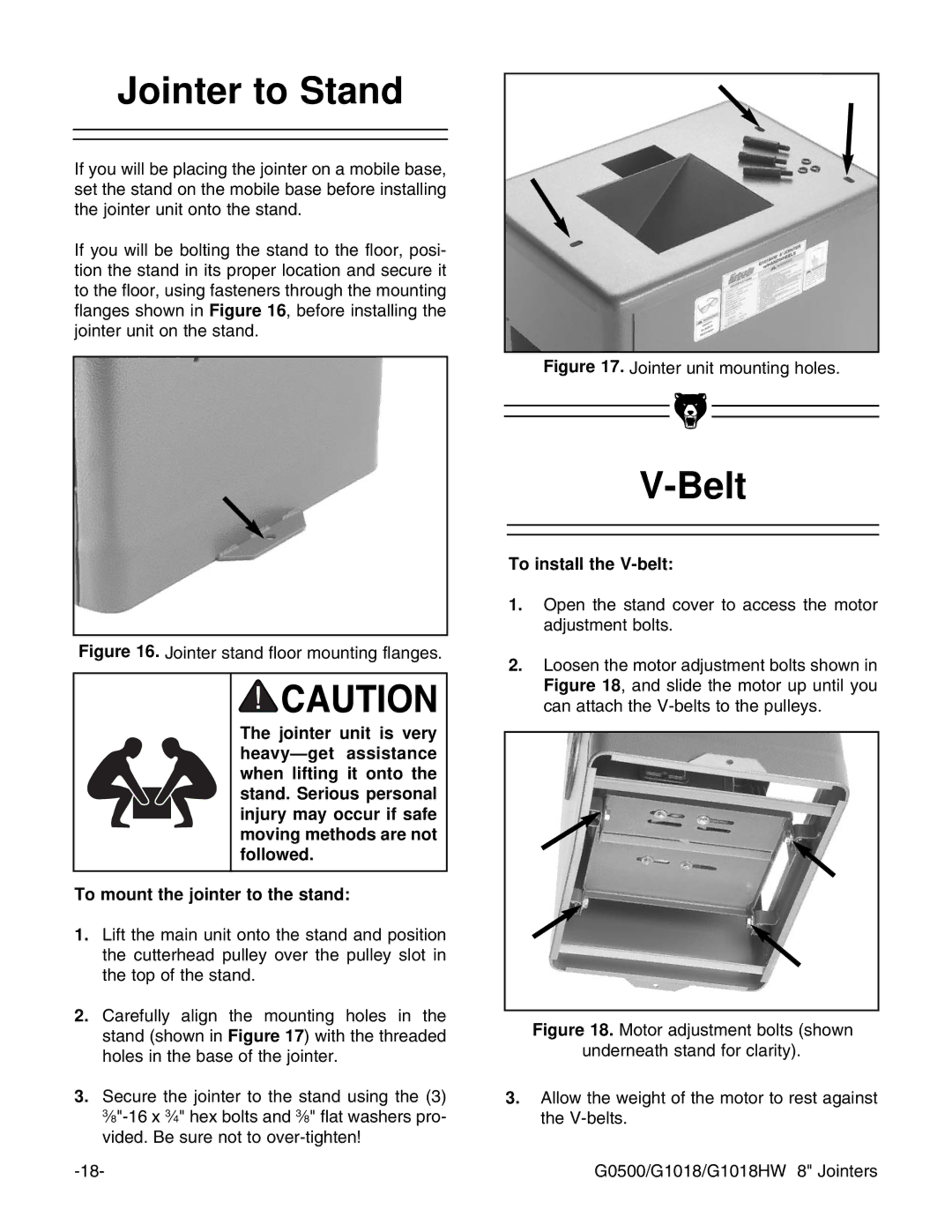 Grizzly G1018HW instruction manual Jointer to Stand, Belt, To install the V-belt 