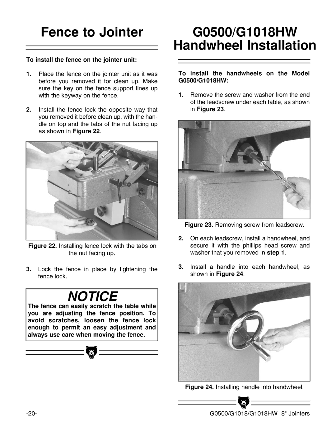 Grizzly Fence to Jointer, G0500/G1018HW Handwheel Installation, To install the fence on the jointer unit 