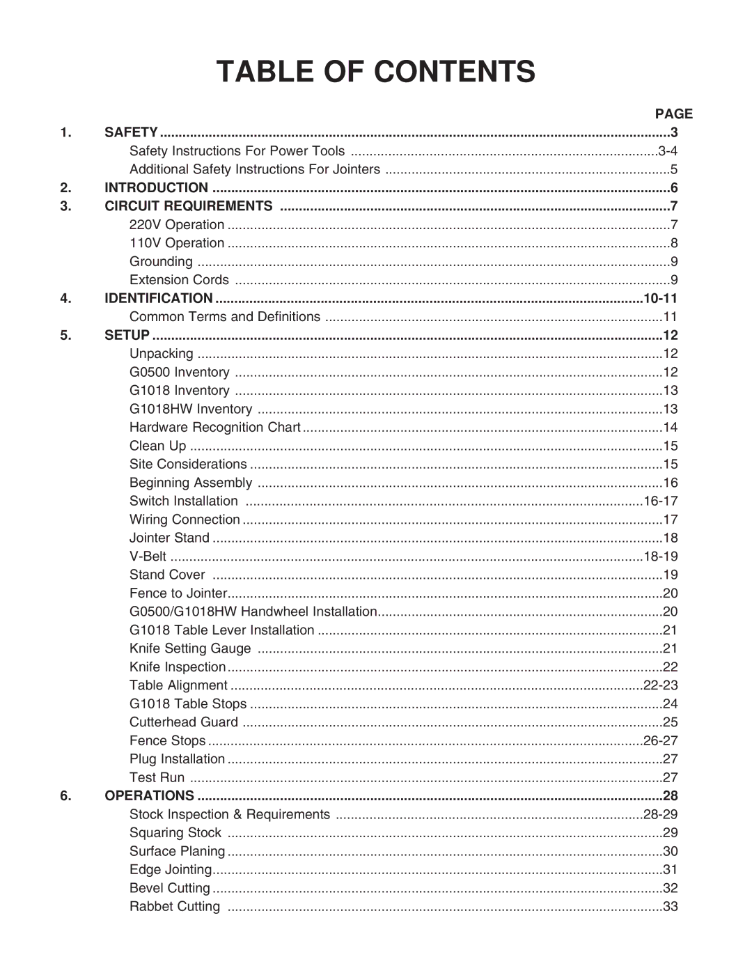 Grizzly G1018HW instruction manual Table of Contents 