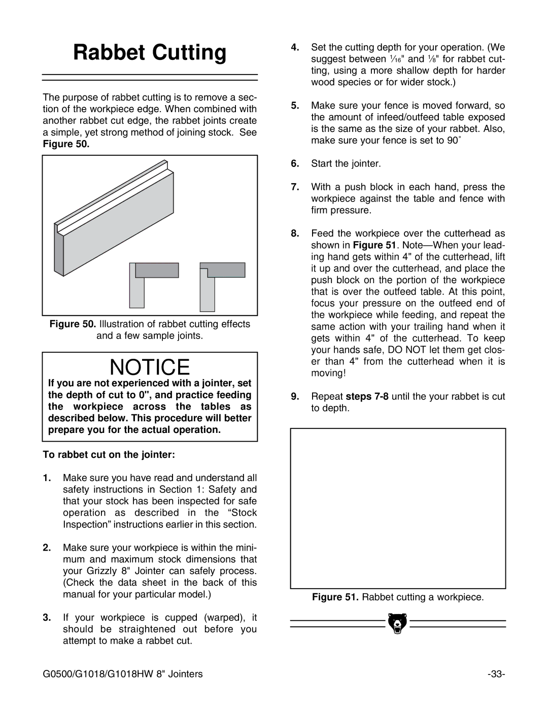 Grizzly G1018HW instruction manual Rabbet Cutting, Illustration of rabbet cutting effects A few sample joints 