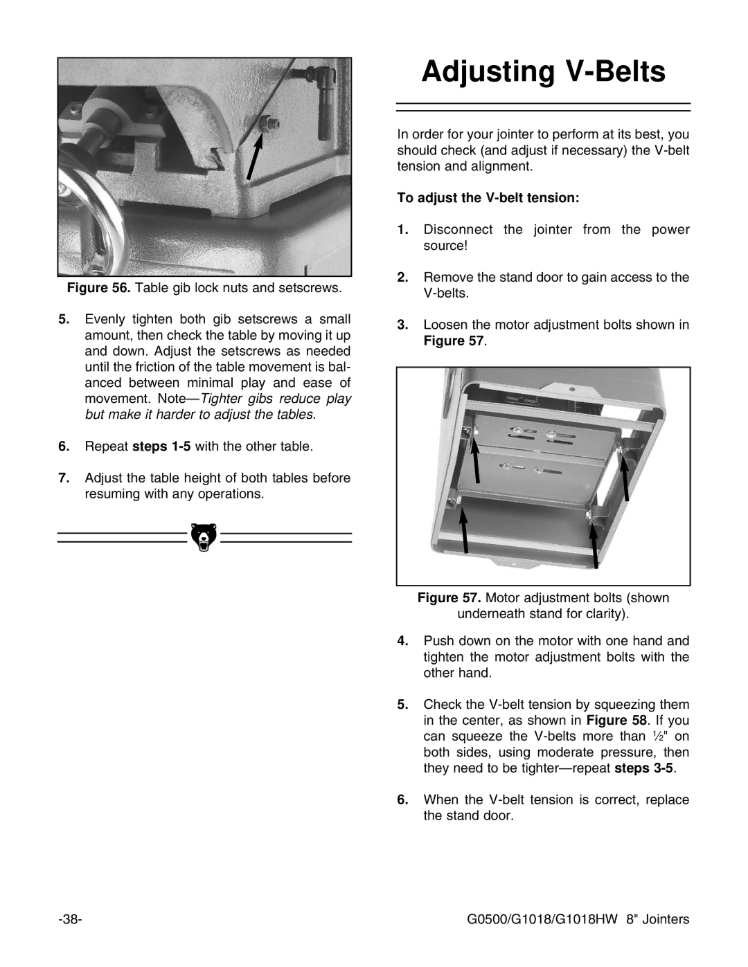 Grizzly G1018HW instruction manual Adjusting V-Belts, To adjust the V-belt tension 