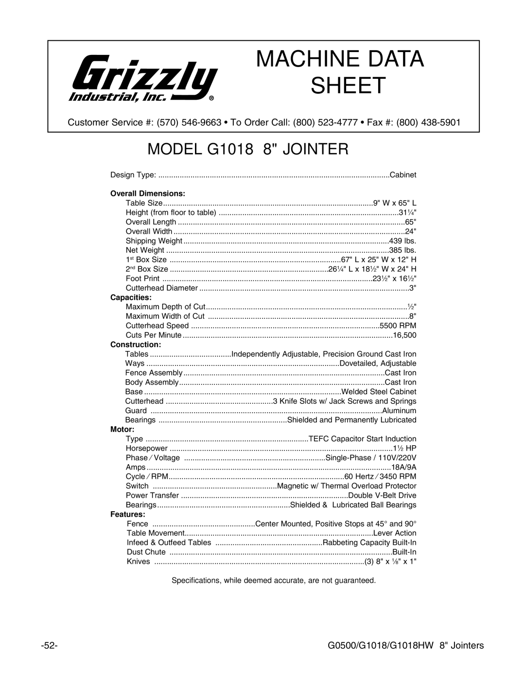 Grizzly G1018HW instruction manual Model G1018 8 Jointer 