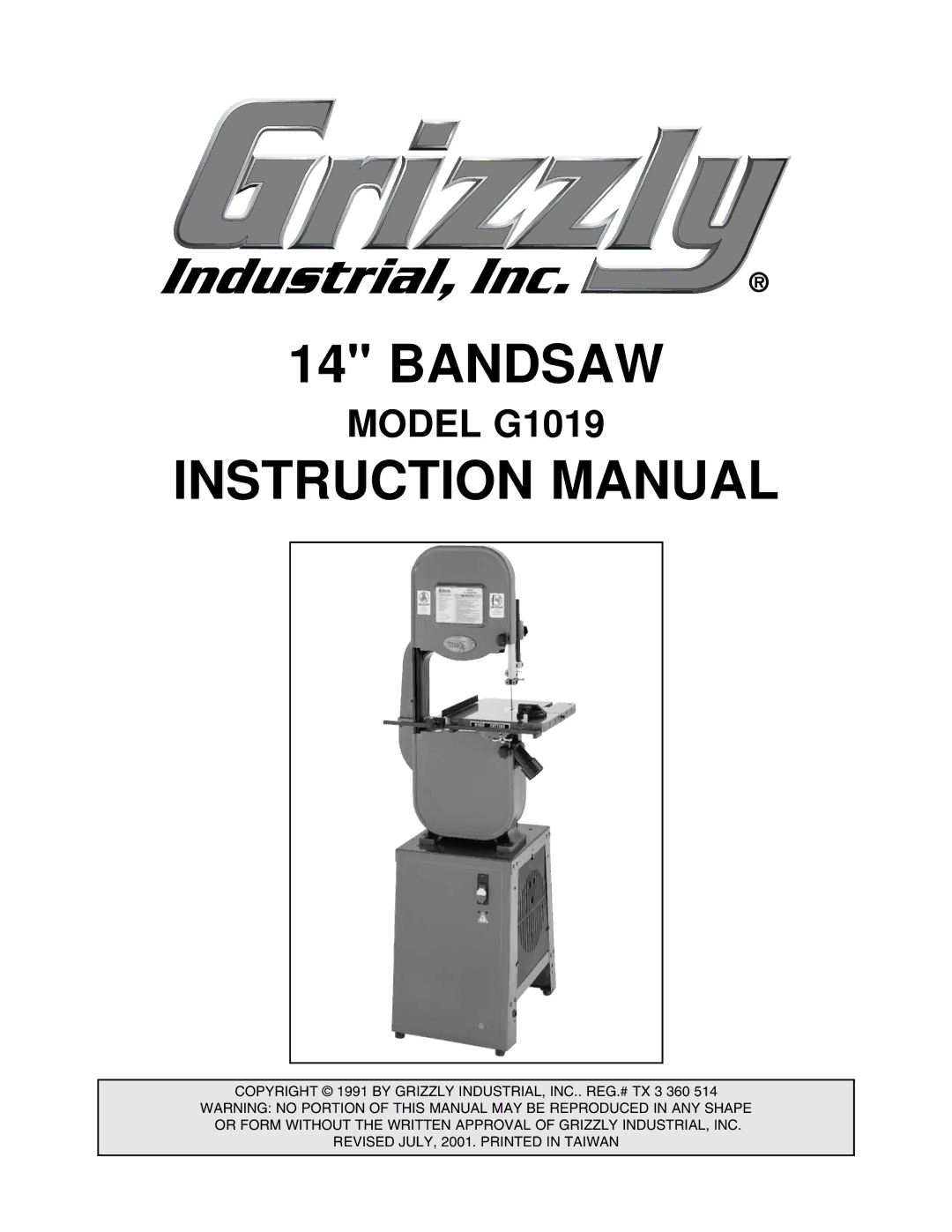 Grizzly G1019 instruction manual Bandsaw 