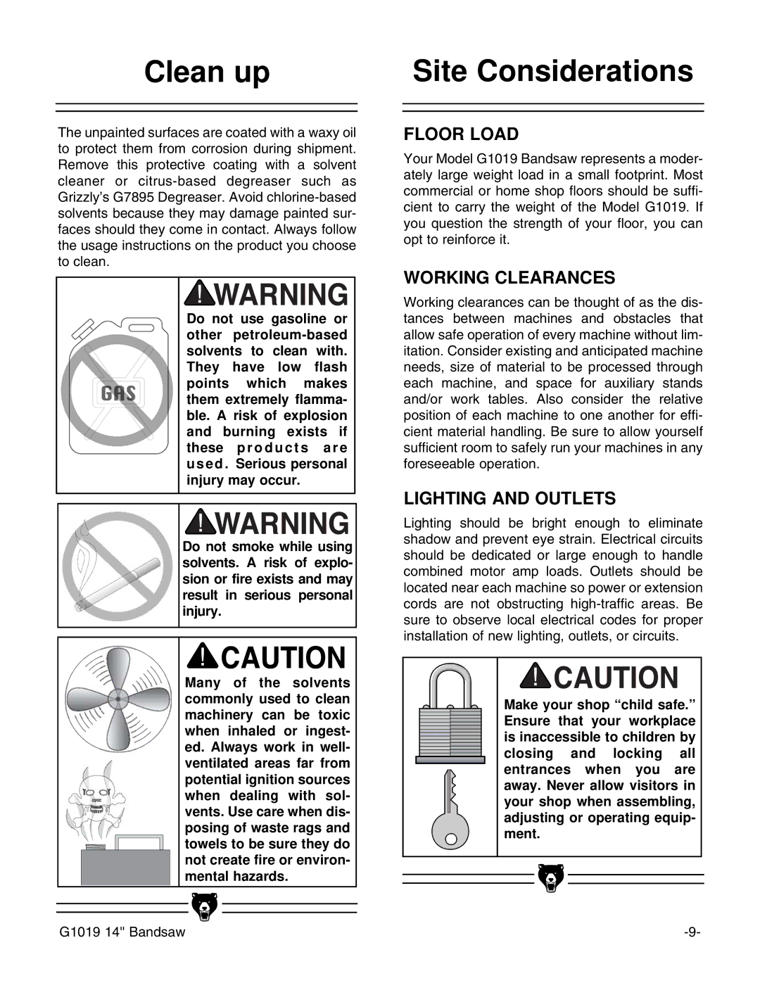 Grizzly G1019 instruction manual Clean up, Site Considerations 