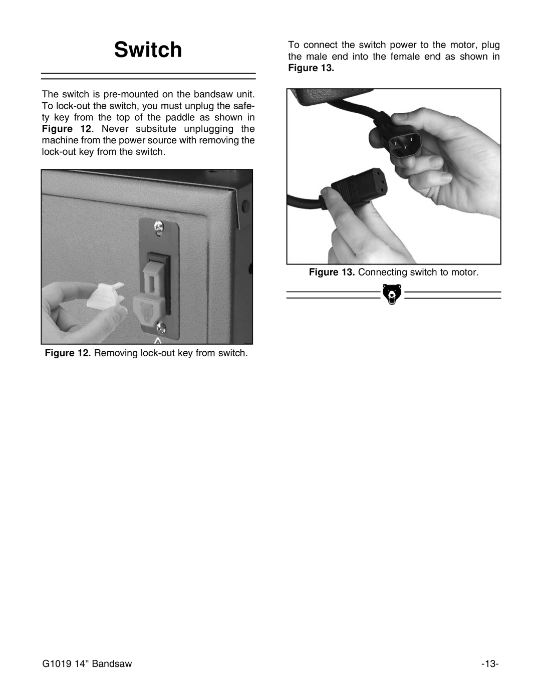 Grizzly instruction manual Switch, Connecting switch to motor G1019 14 Bandsaw 