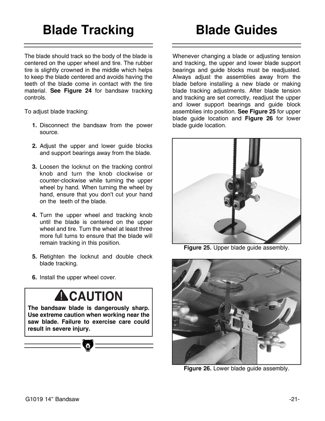 Grizzly G1019 instruction manual Blade Tracking, Blade Guides 