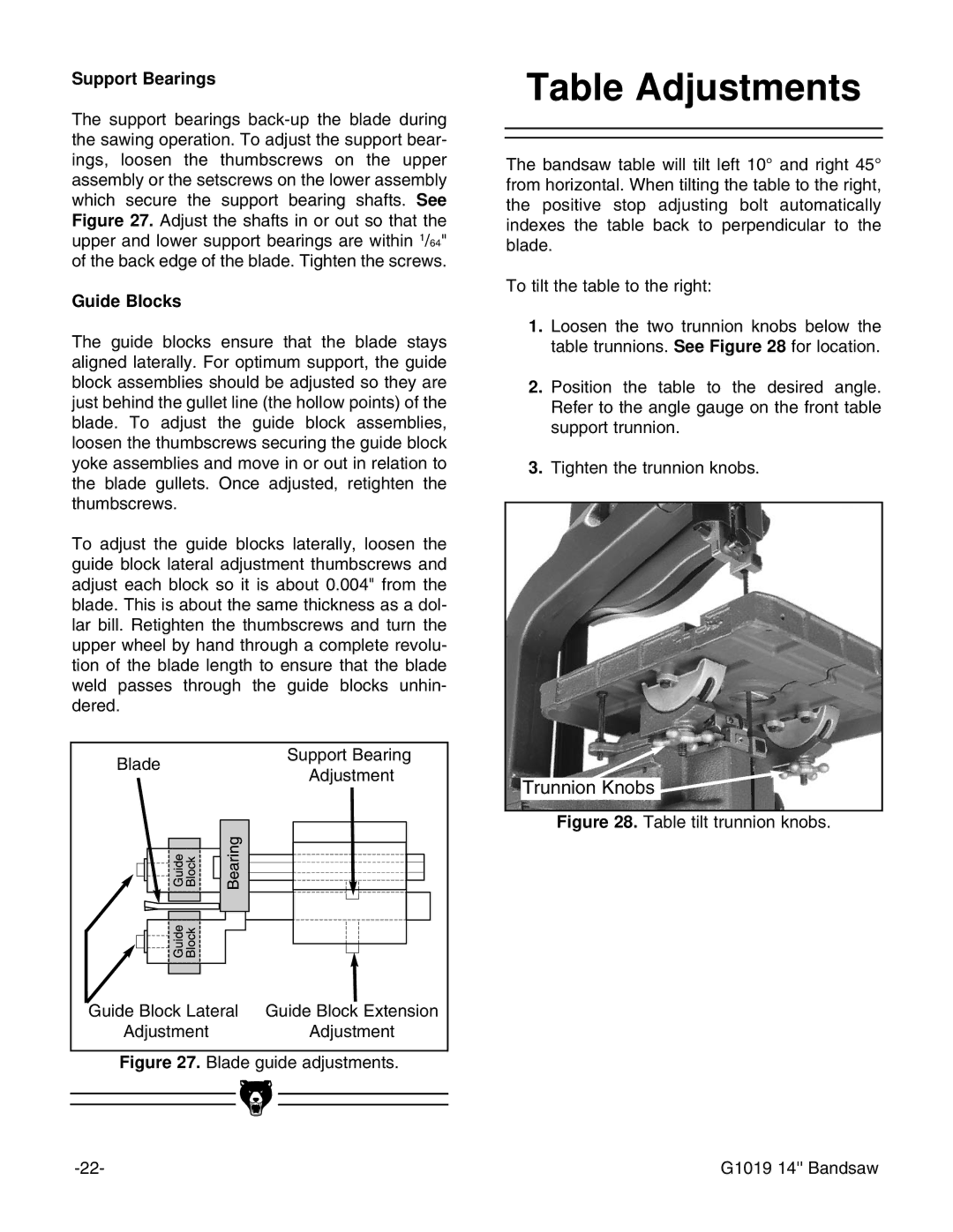 Grizzly G1019 instruction manual Table Adjustments, Support Bearings 