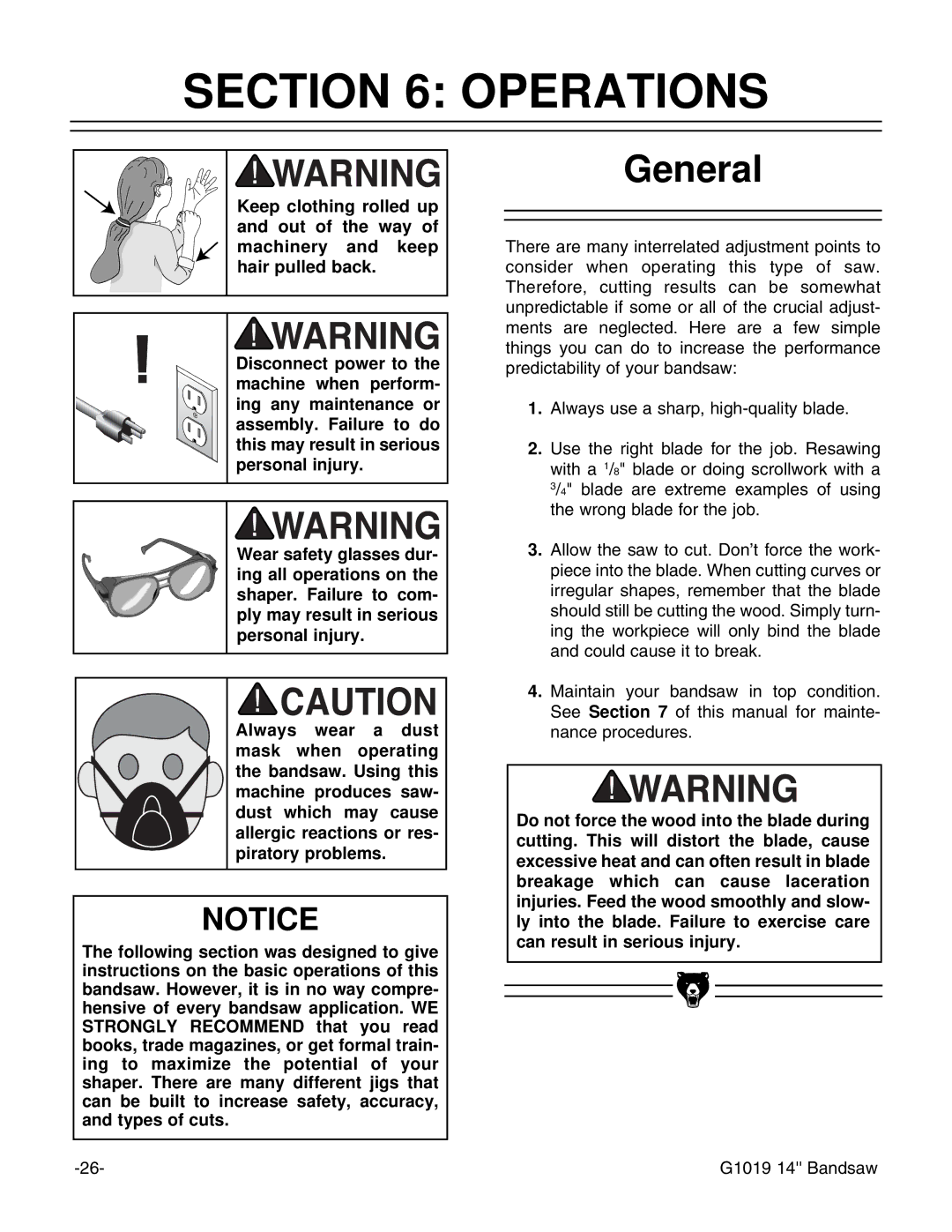 Grizzly G1019 instruction manual Operations, General 