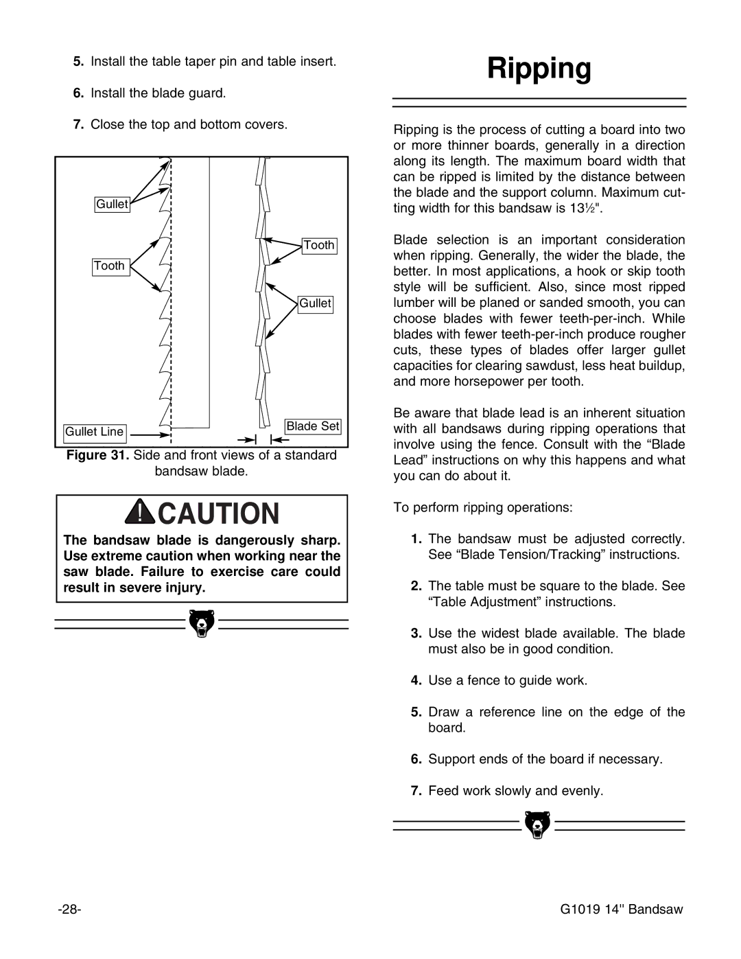 Grizzly G1019 instruction manual Ripping, Side and front views of a standard Bandsaw blade 