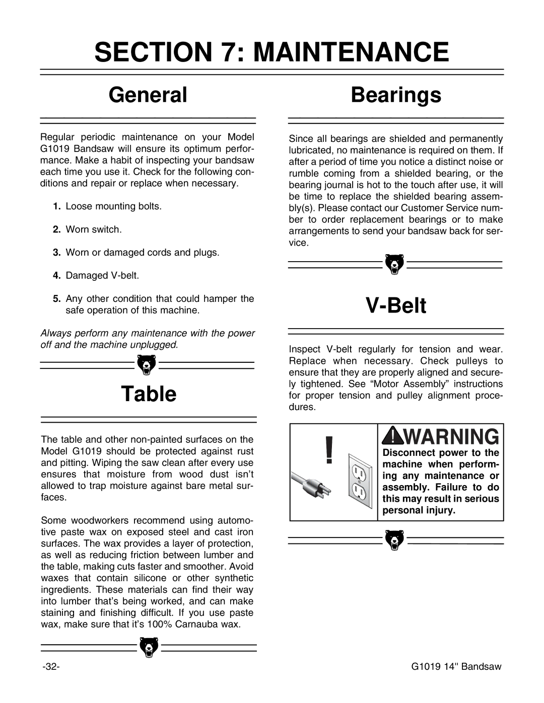 Grizzly G1019 instruction manual Maintenance, GeneralBearings 