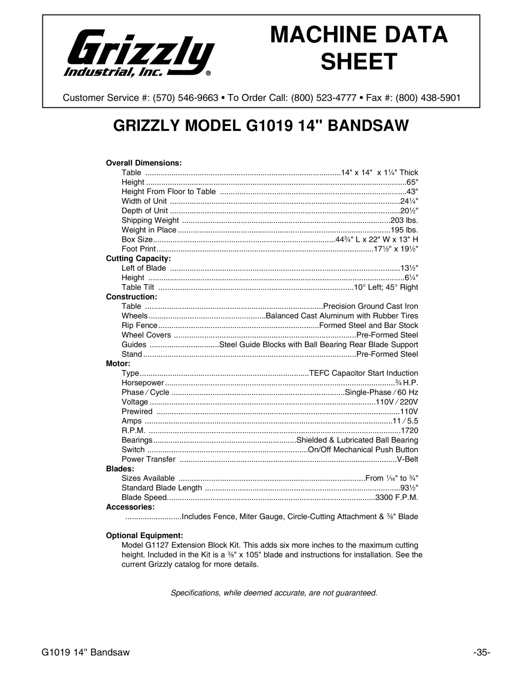 Grizzly G1019 instruction manual Machine Data Sheet 