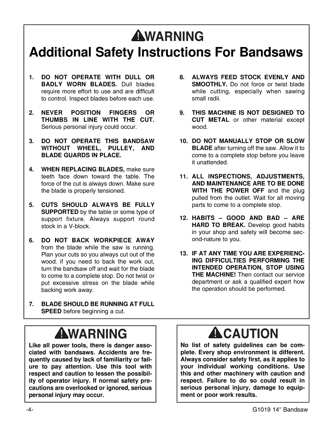 Grizzly G1019 instruction manual Additional Safety Instructions For Bandsaws 