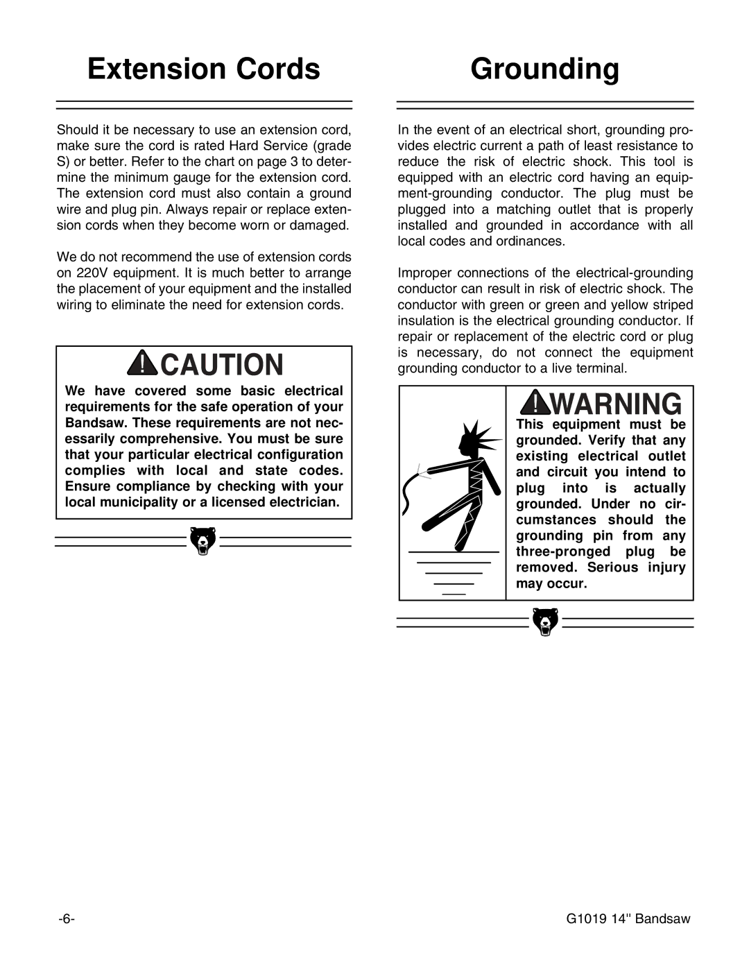 Grizzly G1019 instruction manual Extension Cords Grounding 