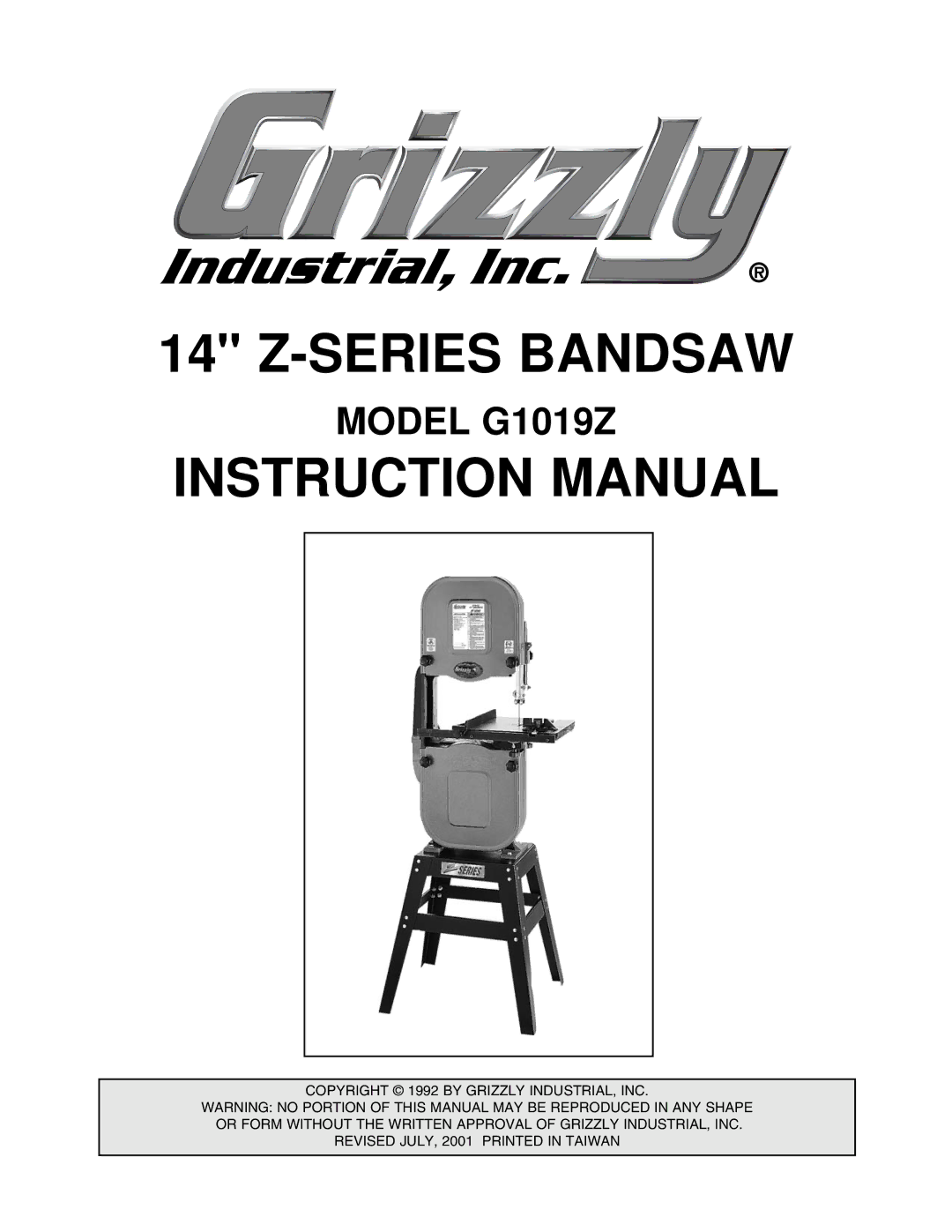 Grizzly G1019Z instruction manual Series Bandsaw 