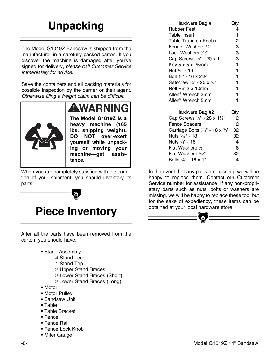 Grizzly G1019Z instruction manual Unpacking, Piece Inventory 