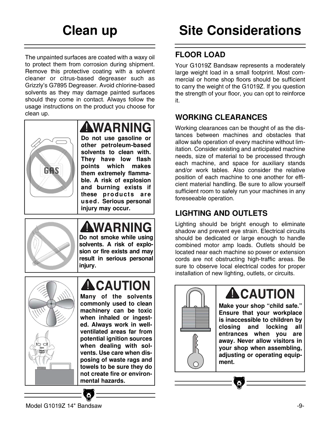 Grizzly G1019Z instruction manual Clean up, Site Considerations 