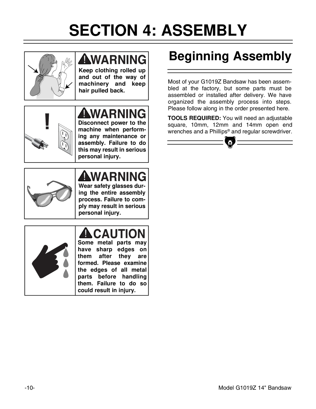 Grizzly G1019Z instruction manual Beginning Assembly 