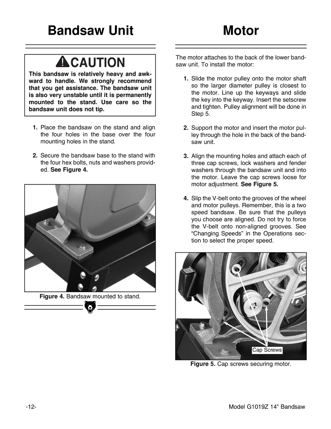 Grizzly instruction manual Bandsaw Unit Motor, Cap screws securing motor Model G1019Z 14 Bandsaw 