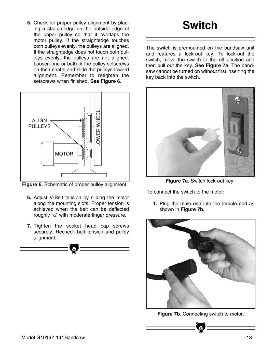 Grizzly instruction manual Switch, Connecting switch to motor Model G1019Z 14 Bandsaw 