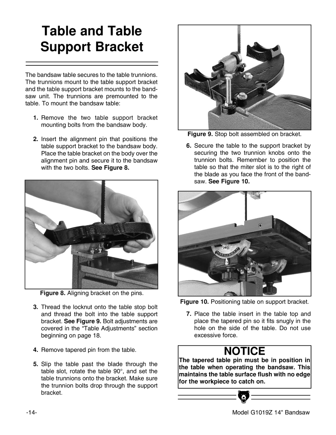 Grizzly G1019Z instruction manual Table and Table Support Bracket 