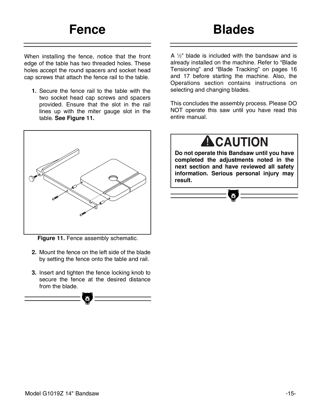 Grizzly G1019Z instruction manual FenceBlades 