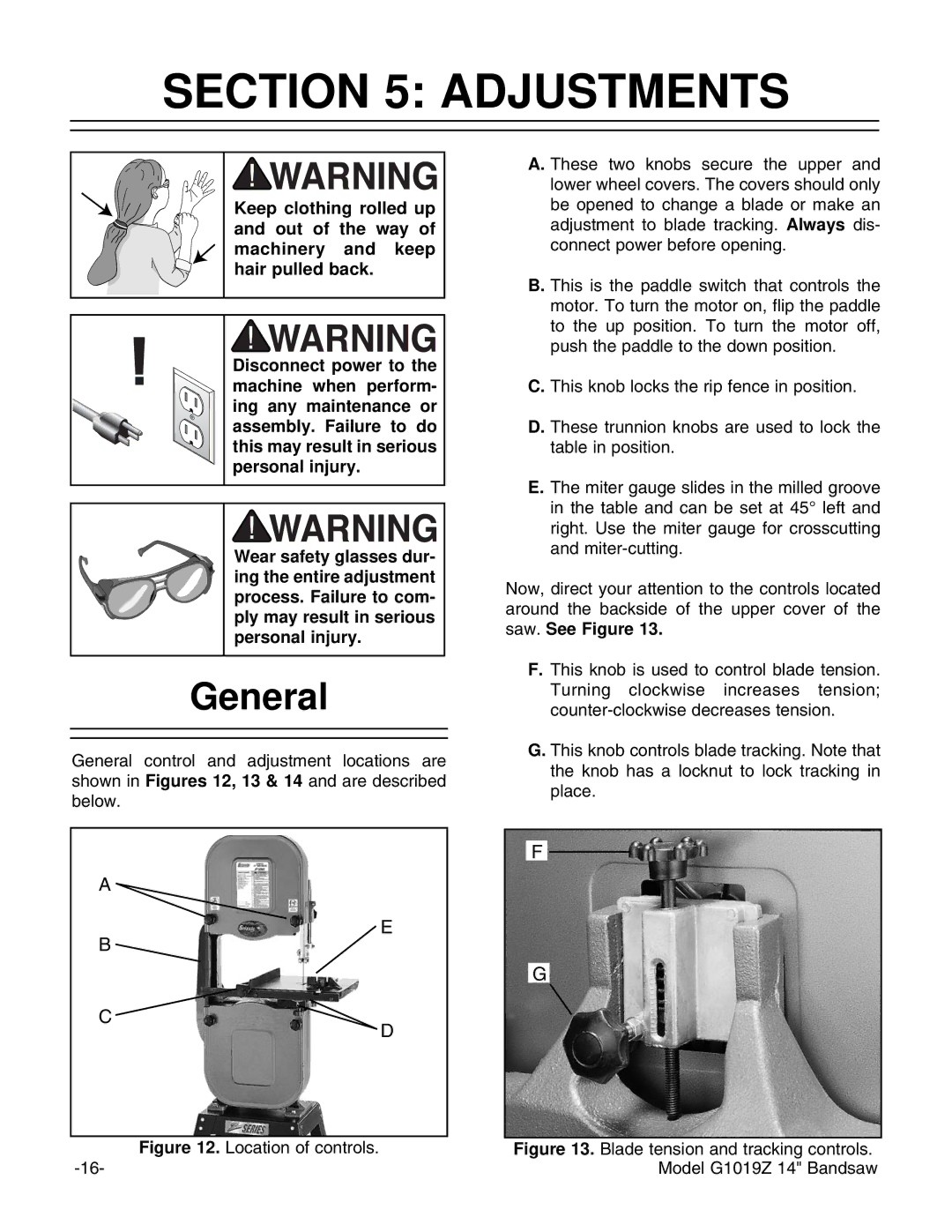 Grizzly G1019Z instruction manual Adjustments, General 