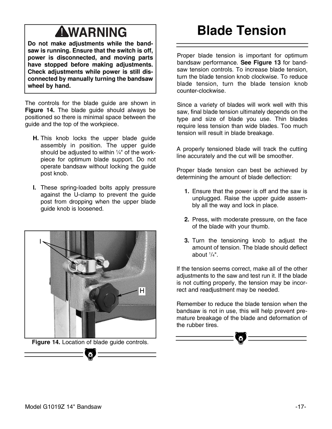 Grizzly G1019Z instruction manual Blade Tension, Location of blade guide controls 