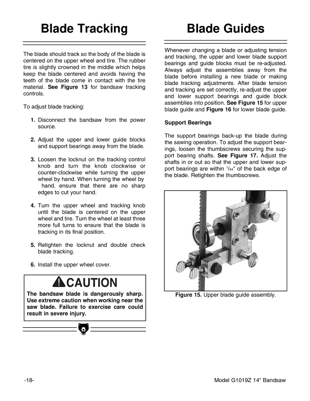 Grizzly G1019Z instruction manual Blade Tracking, Blade Guides 