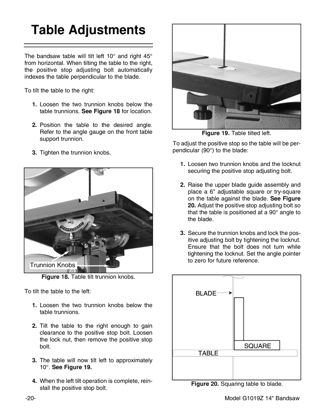 Grizzly G1019Z instruction manual Table Adjustments, Trunnion Knobs 