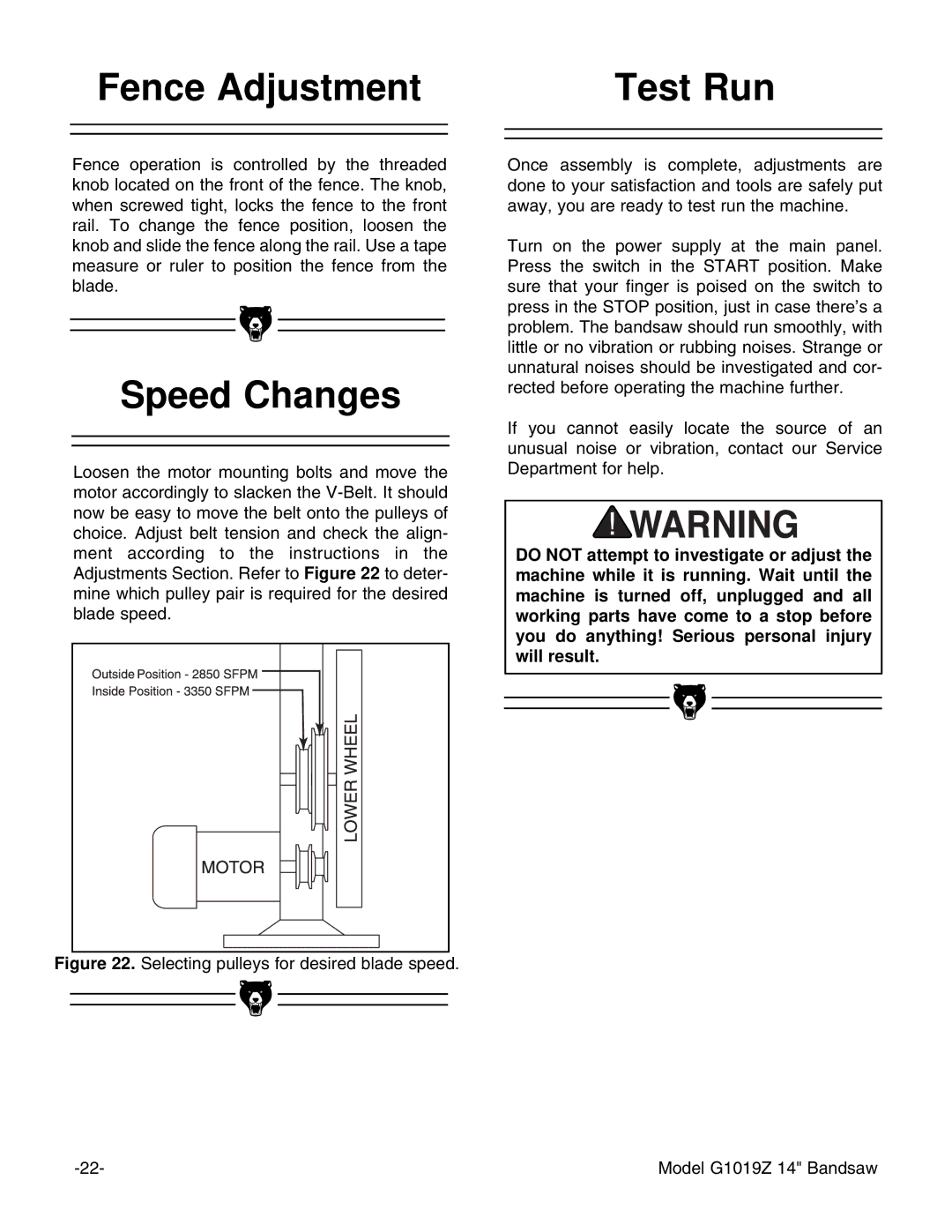 Grizzly G1019Z instruction manual Fence Adjustment Test Run, Speed Changes 